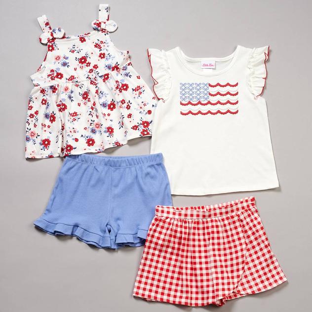 Girls (4-6x) Little Lass® 4pc. Americana Tops w/ Shorts/Skort Set