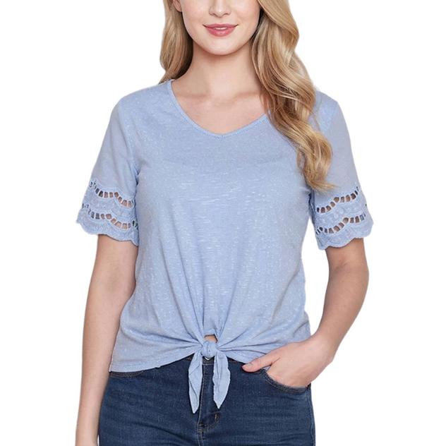 Womens NY Collection Short Sleeve Eyelet Trim Tie Front Blouse