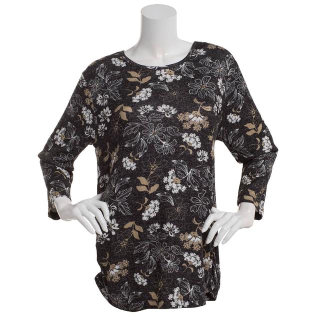 Womens Bonnie Evans 3/4 Sleeve Outline Floral Side Ruched Tee