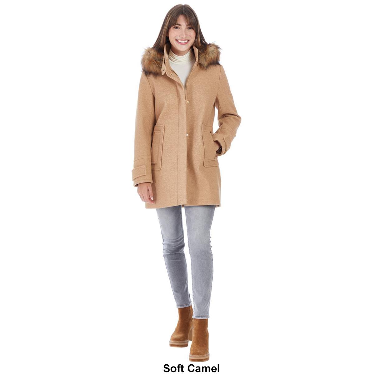 Womens Nine West Faux Wool Duffle w/Faux Fur Trimmed Hood
