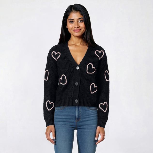 Juniors No Comment Heart Braided Embroidered V Neck Cardigan