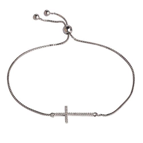 Sterling Silver Diamond Simulant Cross Adjustable Bracelet