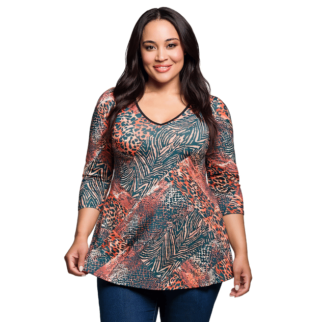Plus Size 24/7 Comfort Apparel Animal Print V-Neck Tunic Blouse