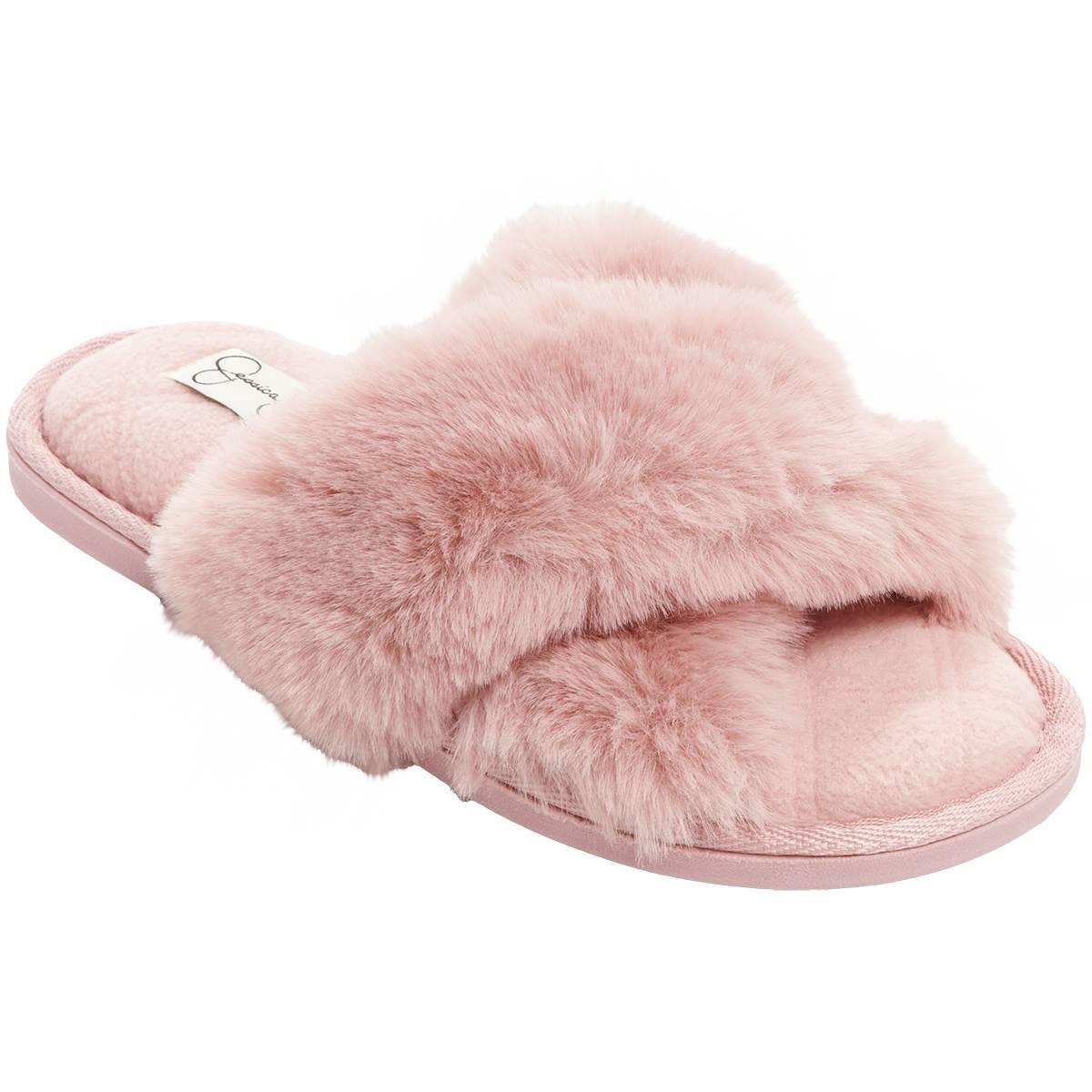 Womens Jessica Simpson Plush Cross Slide Slippers
