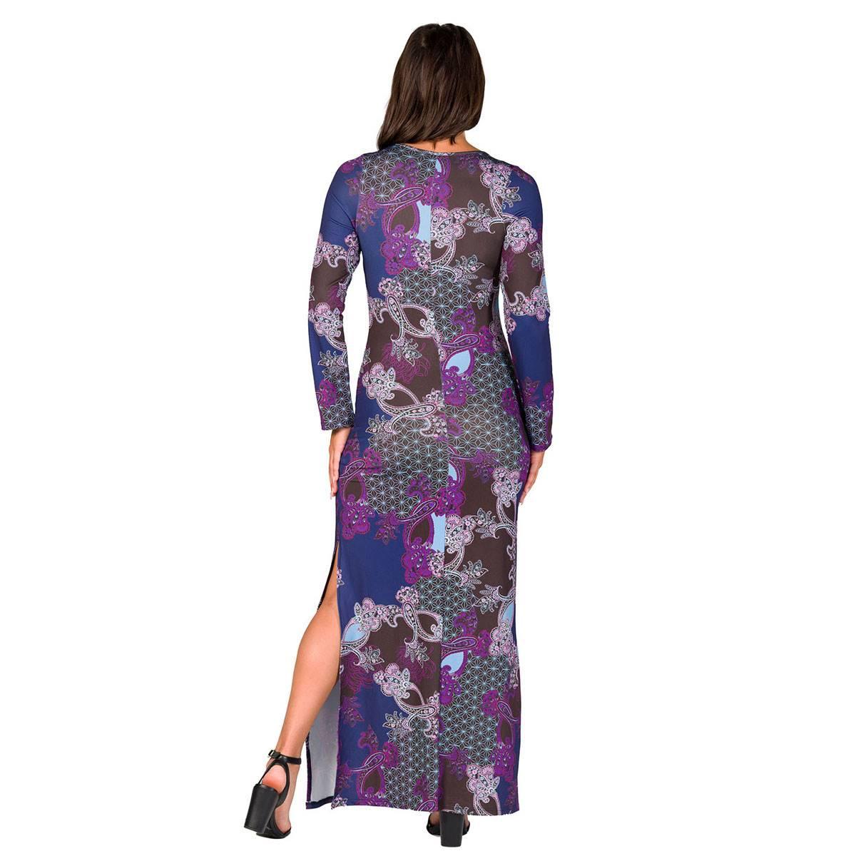 Womens 24/7 Comfort Apparel Purple Paisley Side Slit Maxi Dress