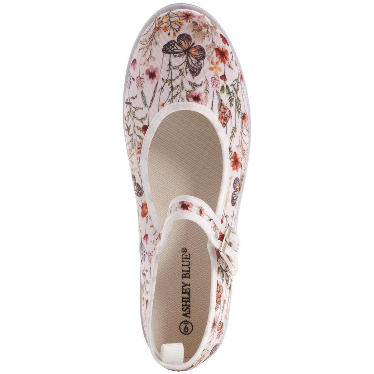 Womens Ashley Blue Mary Jane Floral Canvas Flats