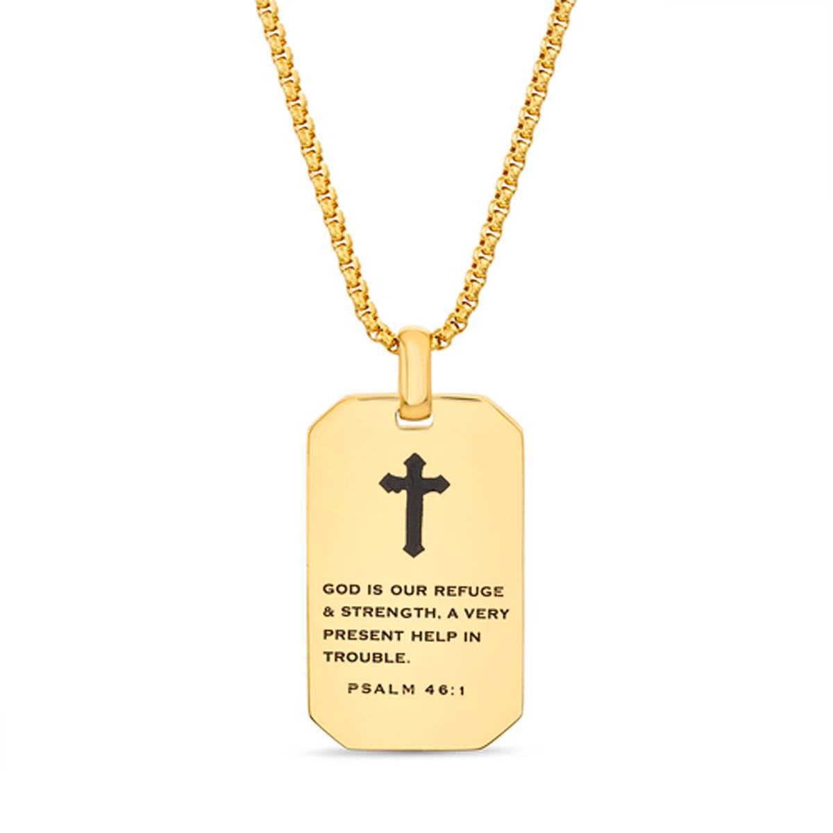 Mens Creed Stainless Steel & Black Enamel Cross/Psalm Necklace