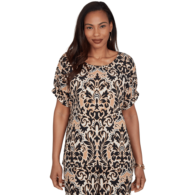 Womens Ruby Rd. Tropical Noir Puff Sleeve Damask Blouse