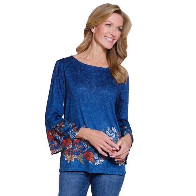 Womens Multiples 3/4 Flounce Sleeve Boat Neck Floral Blouse