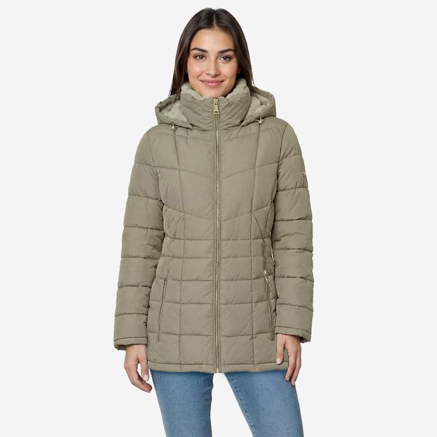 Plus Size Calvin Klein Short Puffer Jacket w/ Faux Fur Lined Hood