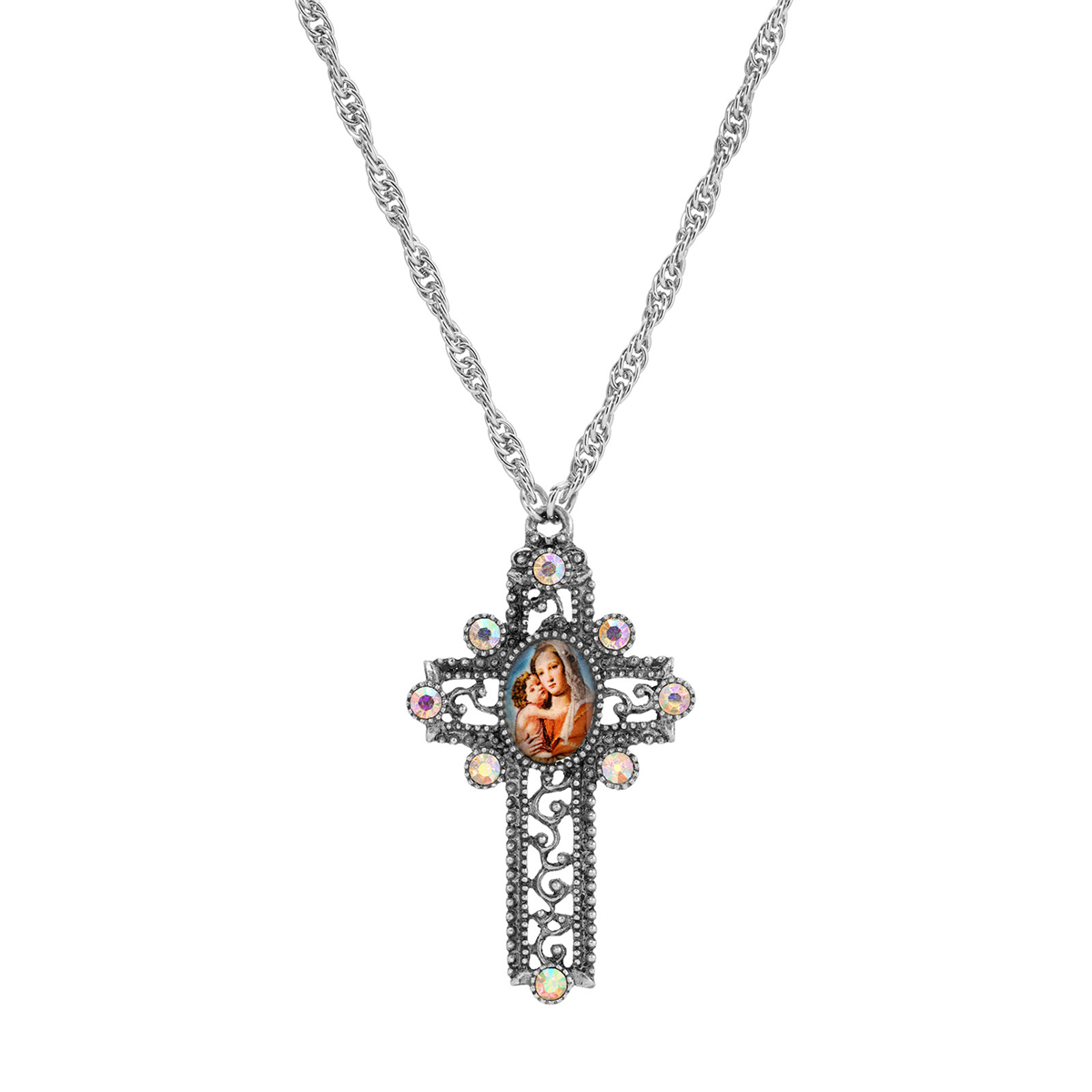 Symbols of Faith Silver Tone Mary & Child Crystal Cross Necklace