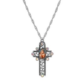 Symbols of Faith Silver Tone Mary & Child Crystal Cross Necklace