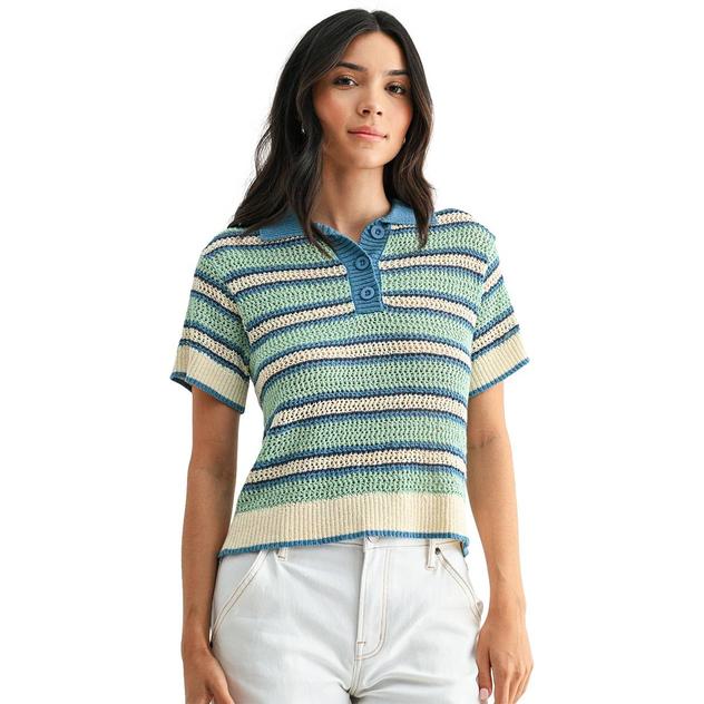 Womens CITY BLUES Short Sleeve Crochet Stripe Polo Sweater