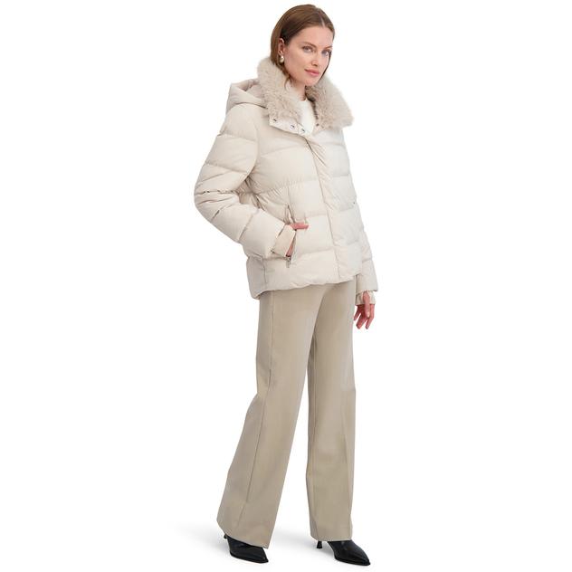 Womens Tahari Vera Short Puffer Coat with Faux Fur Collar