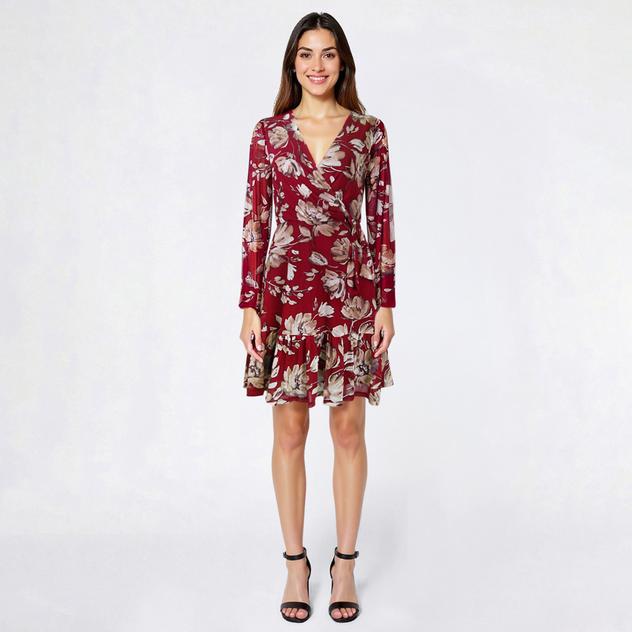 Womens Luxology Long Sleeve Floral Mesh Ruffle Hem Wrap Dress