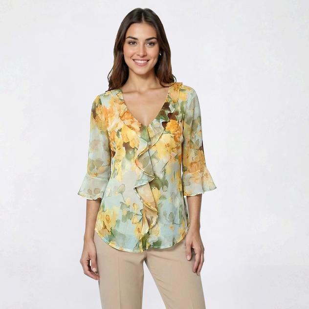 Womens Sara Michelle 3/4 Sleeve with Ruffle V Neck Detail Blouse