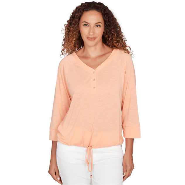 Petite Hearts of Palm All Sun and Games Tie Hem Henley Blouse