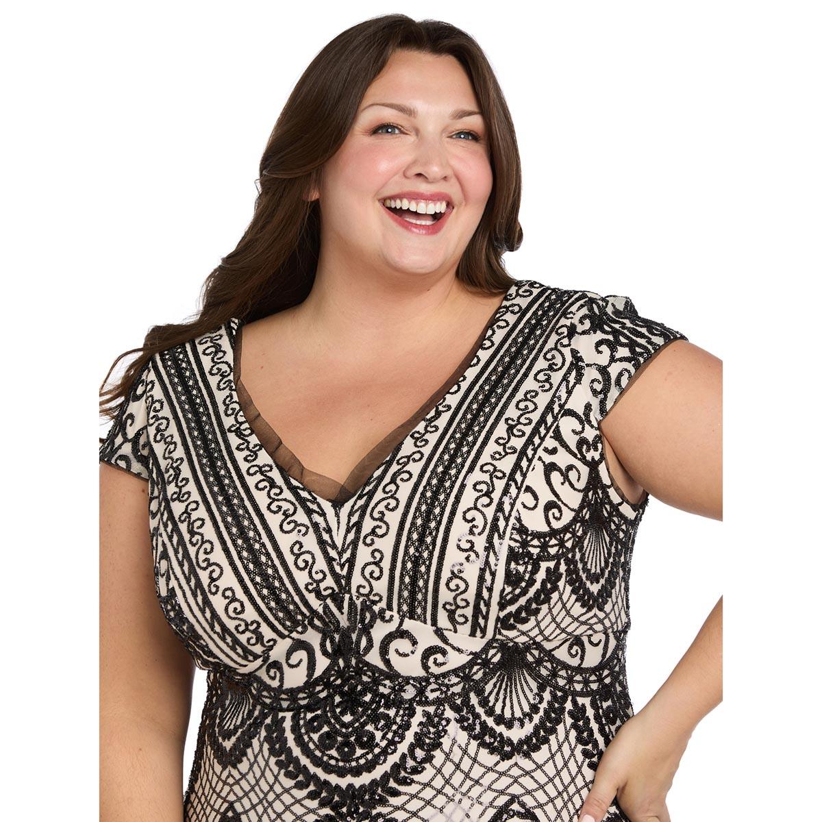 Plus Size R&M Richards Cap Sleeve V Neck Two-Tone Beaded Gown