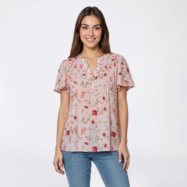 Petite Napa Valley Short Sleeve Floral Clip Dot Henley Blouse