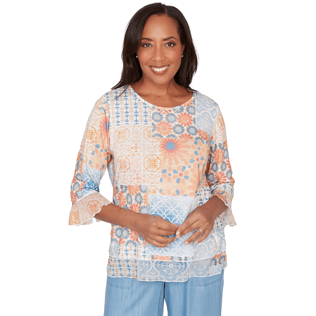 Petite Alfred Dunner Beachcomber Flounce Sleeve Blouse