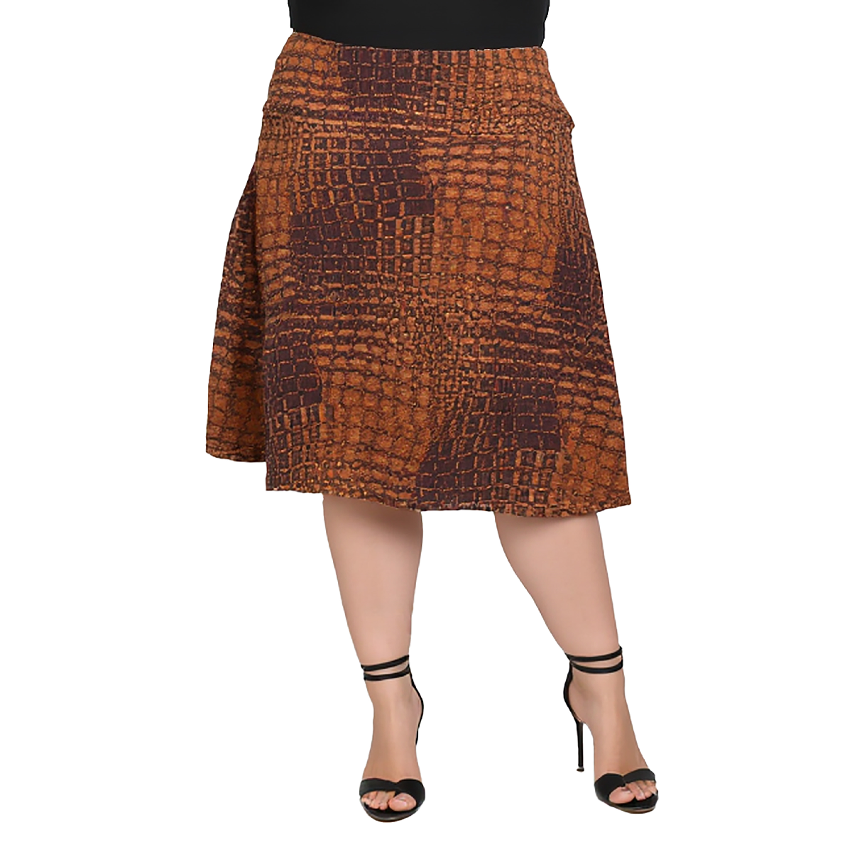Plus Size 24/7 Comfort Apparel Brown Geo Knee Length Skirt