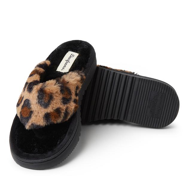 Womens Dearfoams® Katia Furry Thong Slippers - Leopard