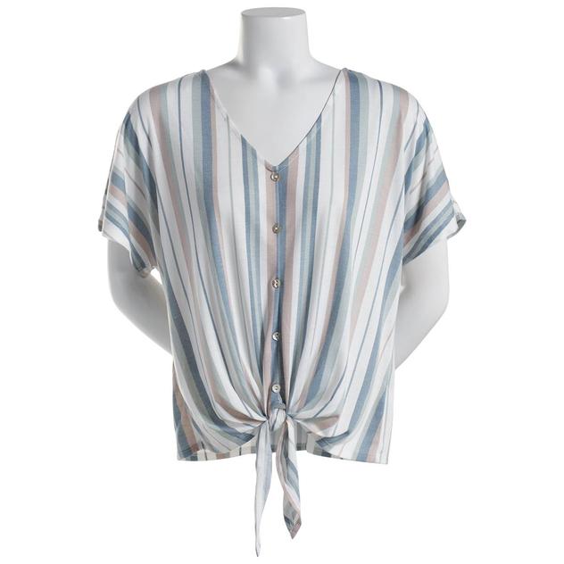 Womens Tru Self Faux Placket Tie Front Casual Button Down Blouse