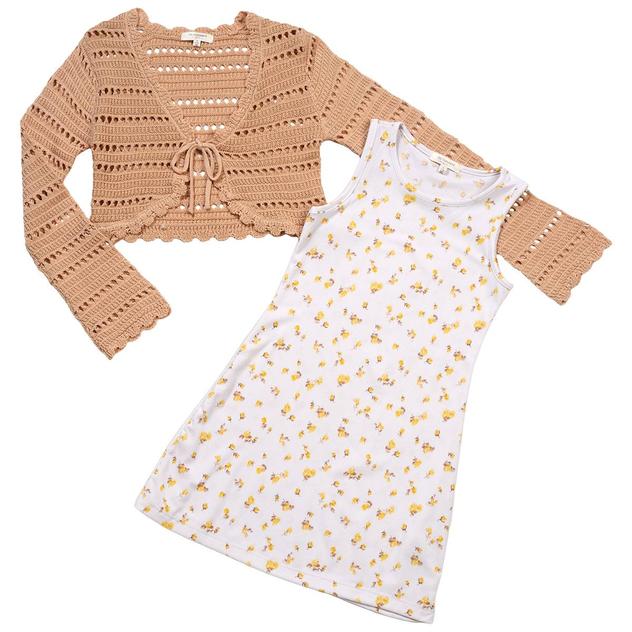 Girls (7-16) No Comment Pointelle Cardigan w/ Floral Rib Dress
