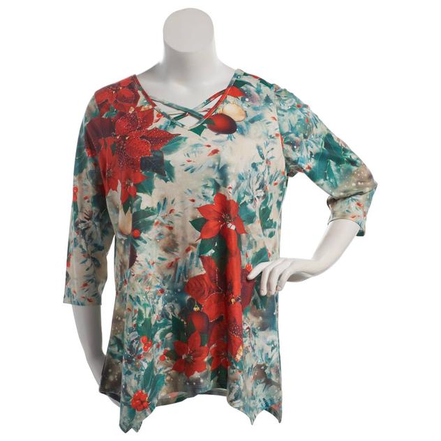 Plus Size OneWorld Poinsettia Winter Criss Cross Neck Tee