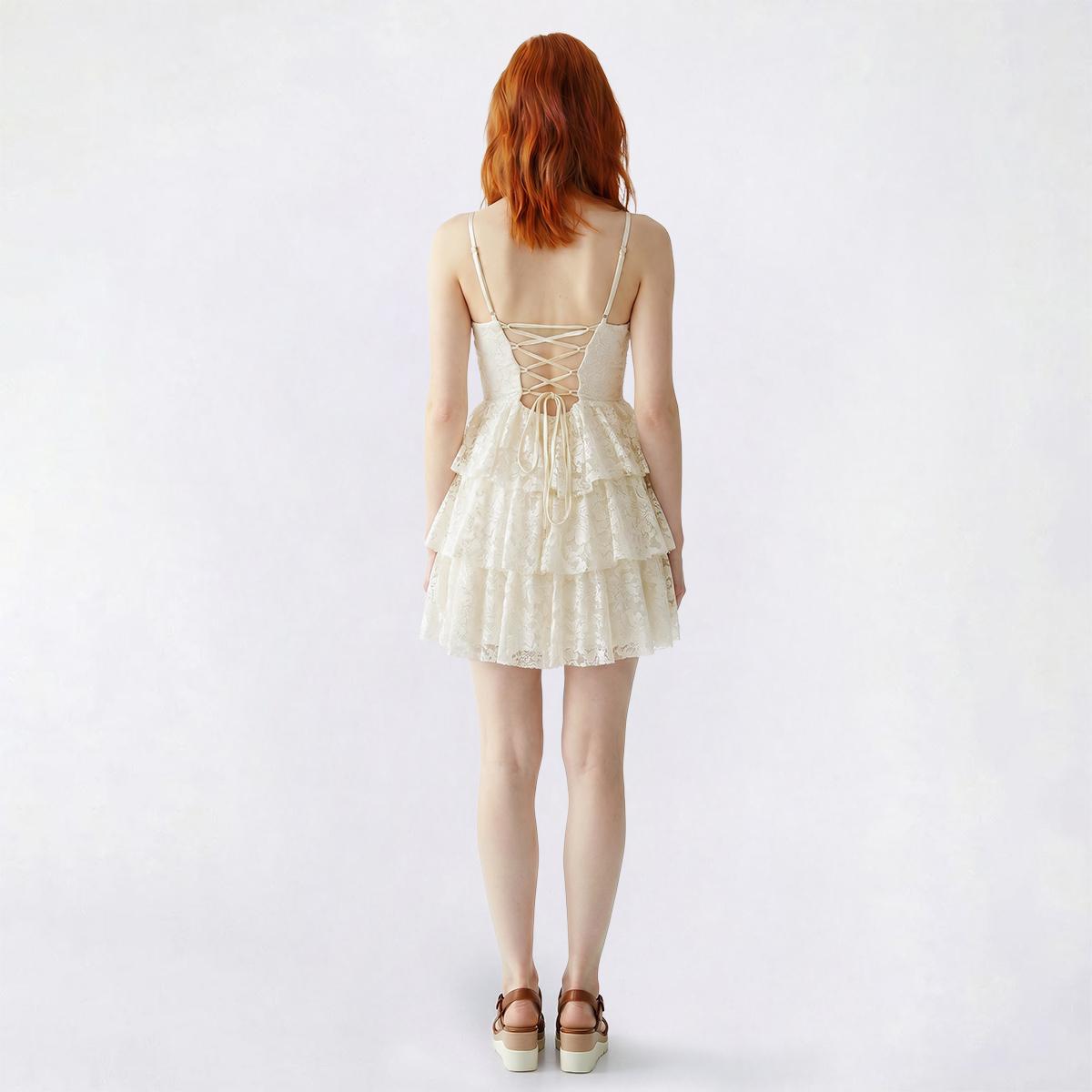 Juniors Emerald Sundae Foil Lace Triple Tier Lace Up Back Dress