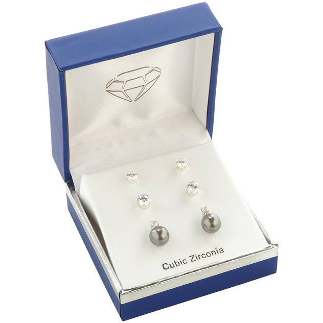 3pr. Silver-Tone CZ Round Stud Earring Set