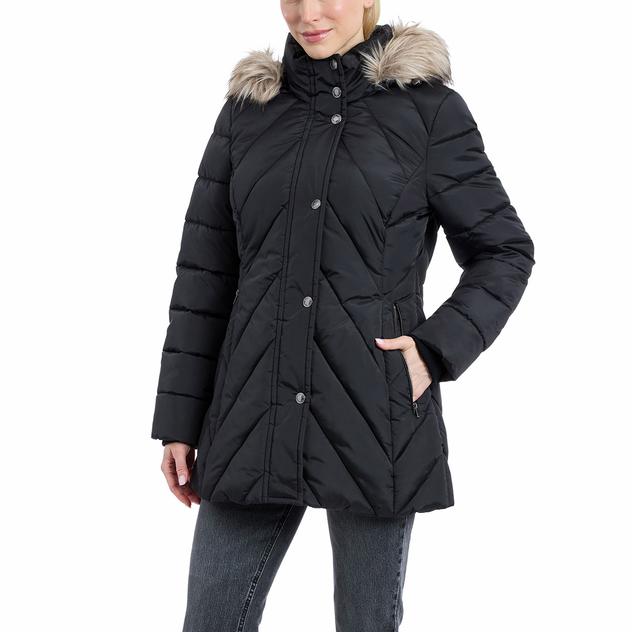 Petite London Fog Chevron Puffer Coat with Faux Fur Trimmed Hood