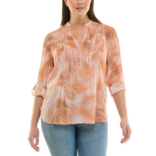 Womens Zac & Rachel 3/4 Roll Tab Sleeve Pleated Abstract Blouse
