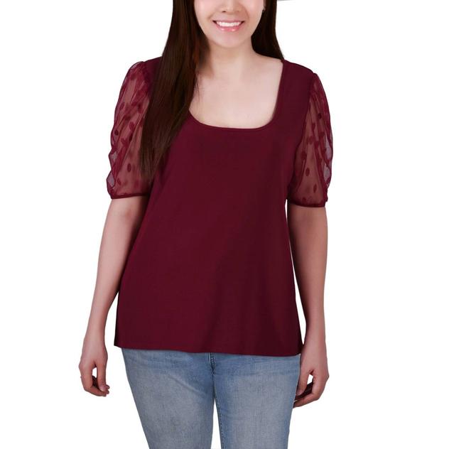 Womens NY Collection Short Dot Mesh Sleeve Solid Blouse