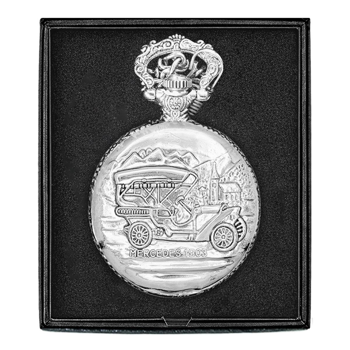 Mens Silver Alloy Engraved Car Pocket Watch - 37742