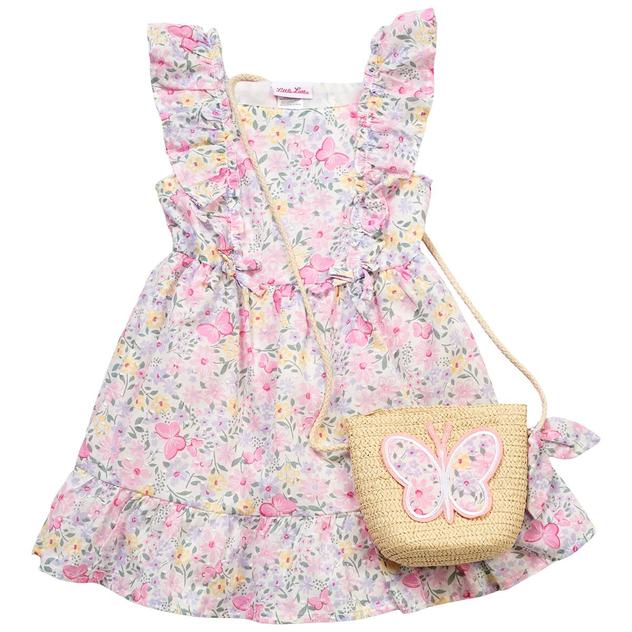 Girls (4-6x) Little Lass® Butterfly Floral Clip Dot Dress w/ Bag