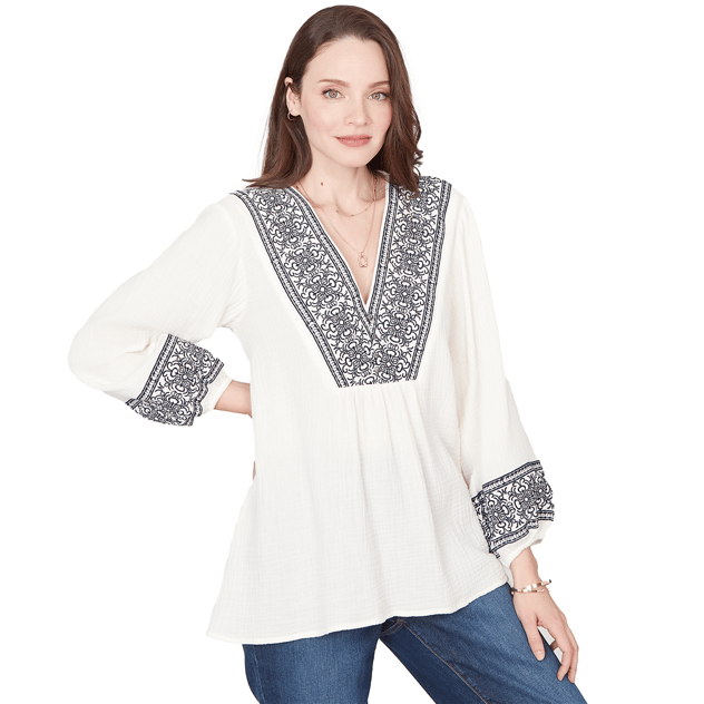 Womens Skye’s the Limit Fresh Start Scroll V-Neck Blouse