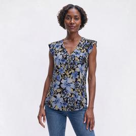 Petite Anne Klein Cap Ruffle Sleeve V Neck Floral Blouse