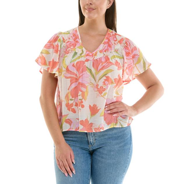 Womens Zac & Rachel Short Sleeve Smocked Tropical Blouse