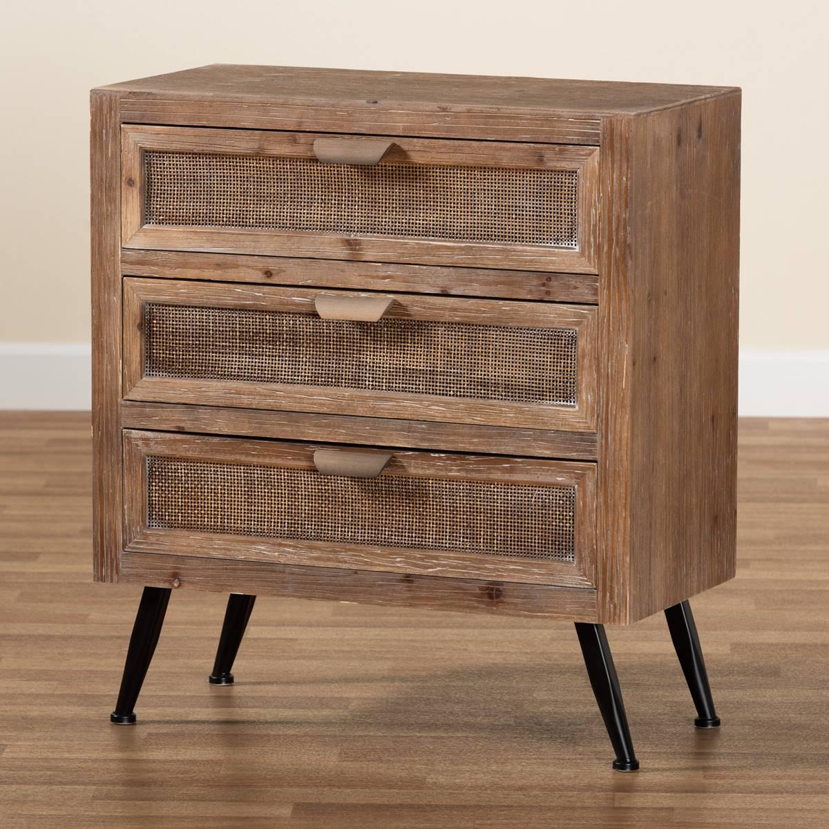 Baxton Studio Calida Finish Wood/Rattan 3-Drawer Nightstand
