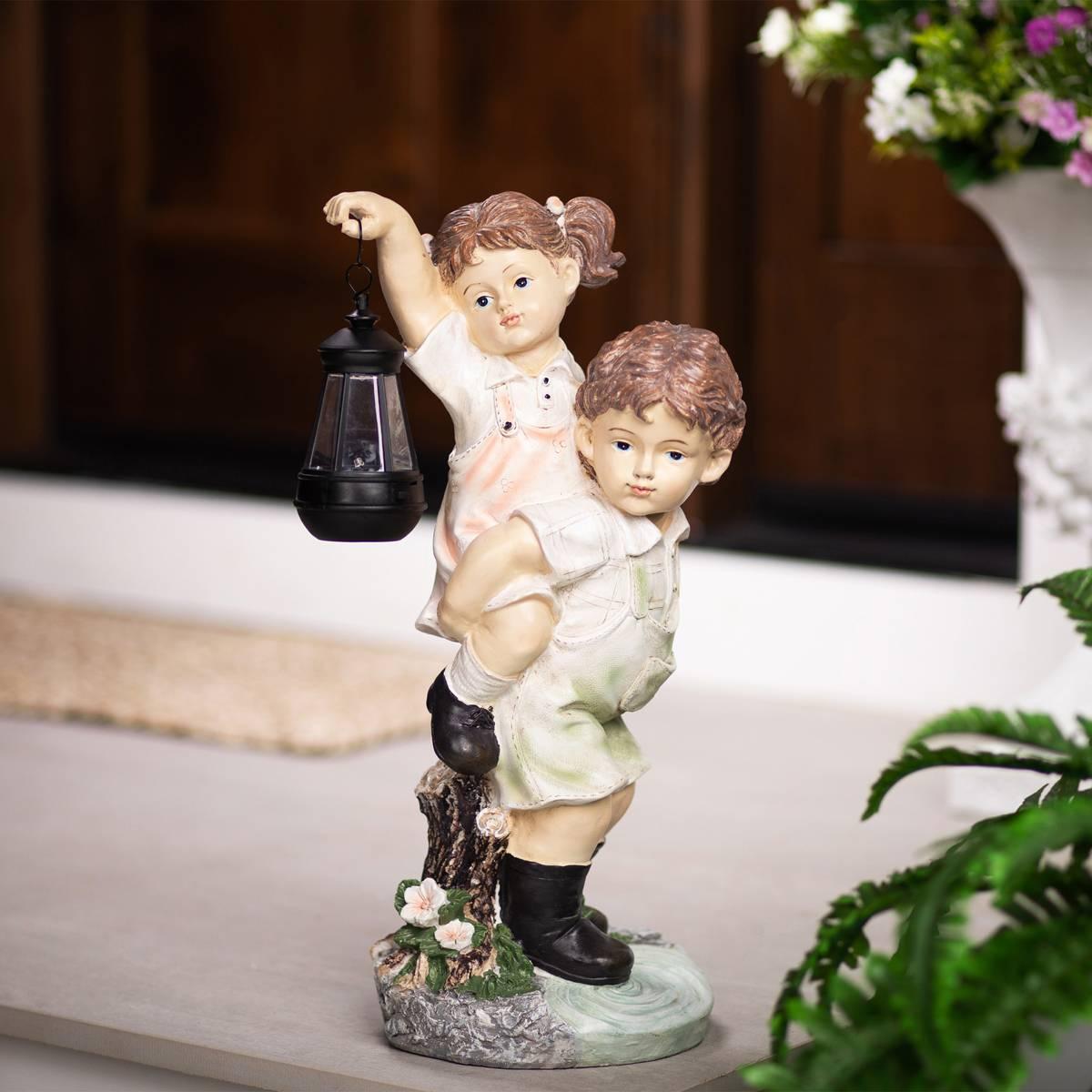 Northlight Seasonal LED Solar Boy & Girl w/ Lantern Garden Statue