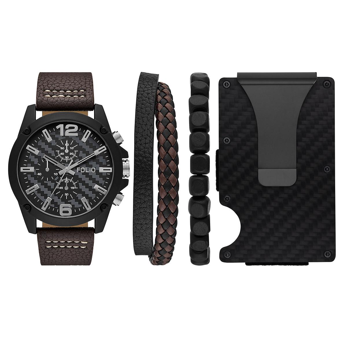 Mens Folio Watch Bracelet &amp; Card Holder Set - FMDFL6049