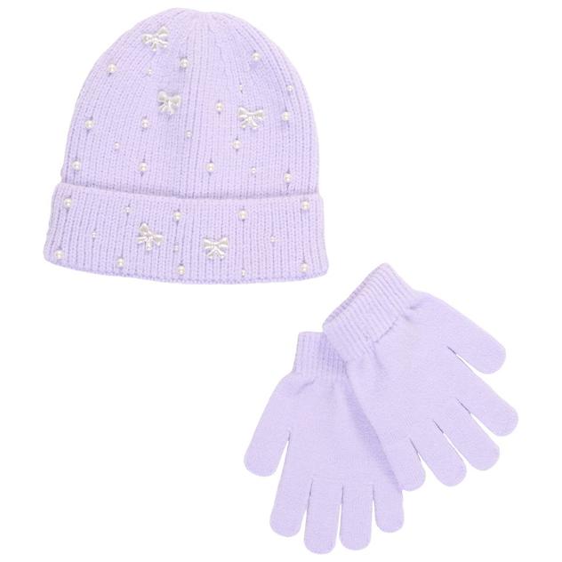 Girls Capelli® New York Faux Pearl & Bow Cuff Beanie & Gloves