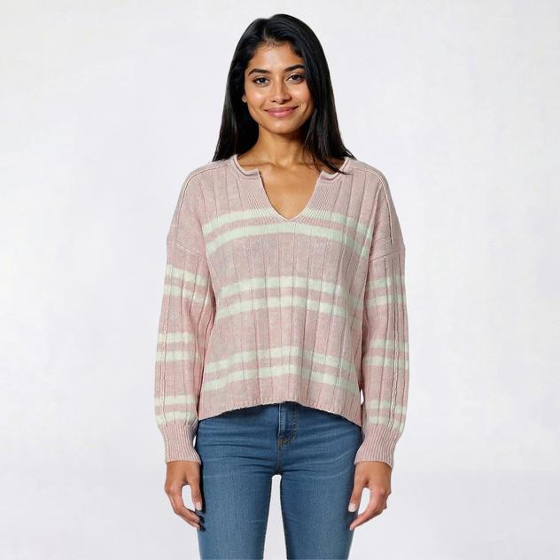 Juniors Pink Rose Stripe Mossy Drop Shoulder Step Hem Sweater
