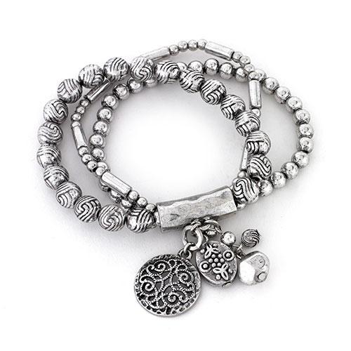 Ruby Rd. 3-Row Silver Ox Beaded Charm Stretch Bracelet