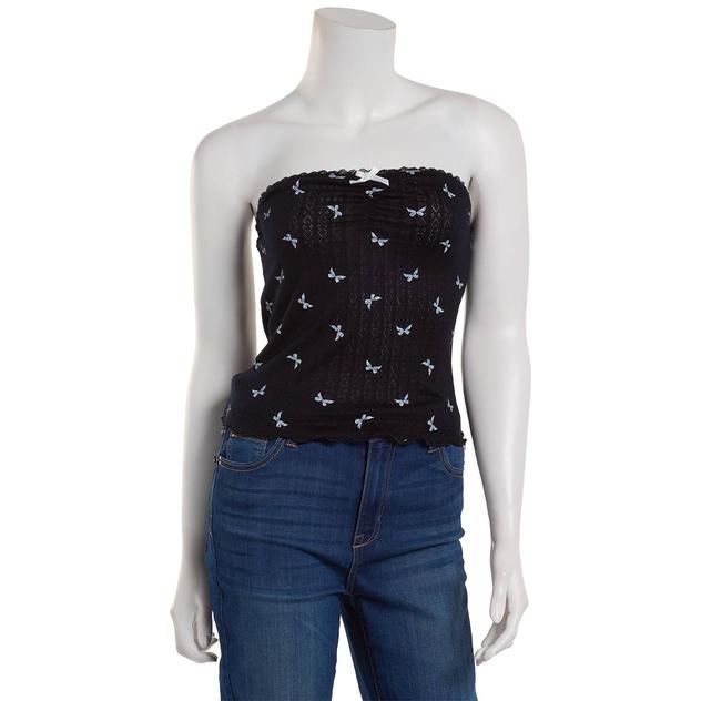Juniors No Comment Pointelle Bow Tube Top with Lace Trim