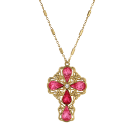 Symbols of Faith Gold Tone Teardrop Crystal Cross Necklace