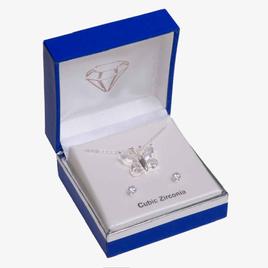 Silver-Tone CZ Butterfly Pendant & Earring Set
