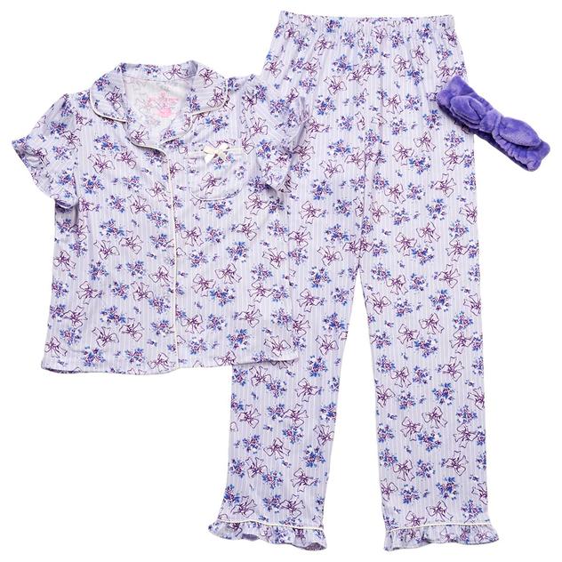 Girls (7-16) Betsey Johnson 3pc. Stripe Floral & Bow Pajama Set