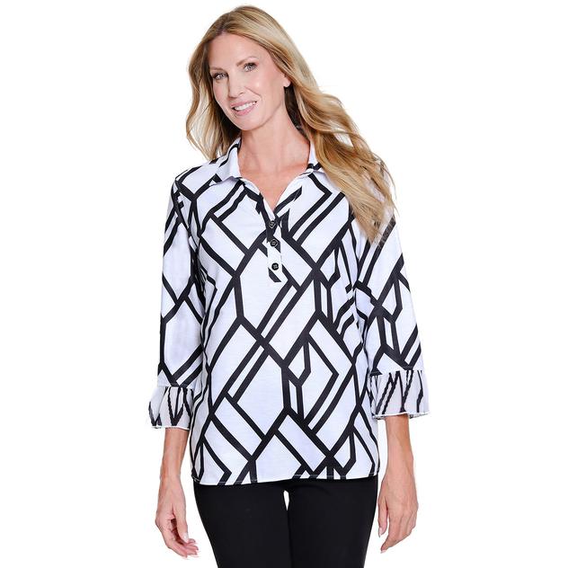 Womens Multiples 3/4 Flounce Sleeve Geometric Blouse